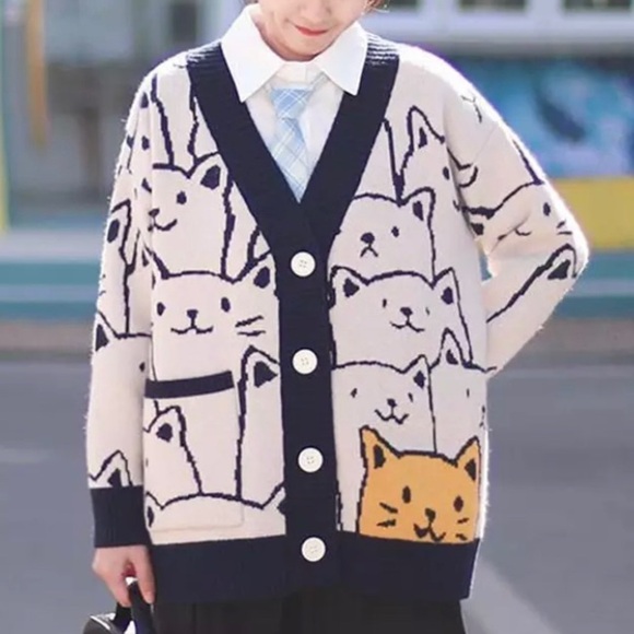Harajuku Kawaii Sweaters - Harajuku Kawaii Cartoon V Neck Cardigan Women Retro Fashion Sweater NEW Blue